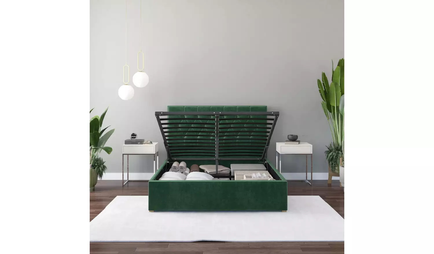 Aspire Olivier Superking Velvet End Lift Ottoman Bed - Green