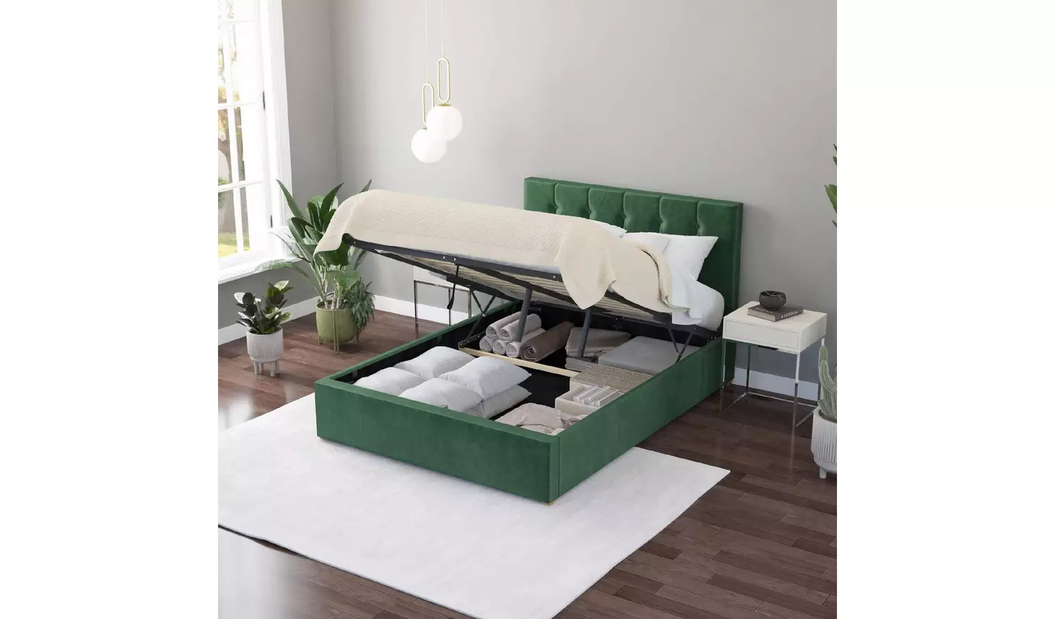 Aspire Hepburn Kingsize Velvet End Lift Ottoman Bed - Green