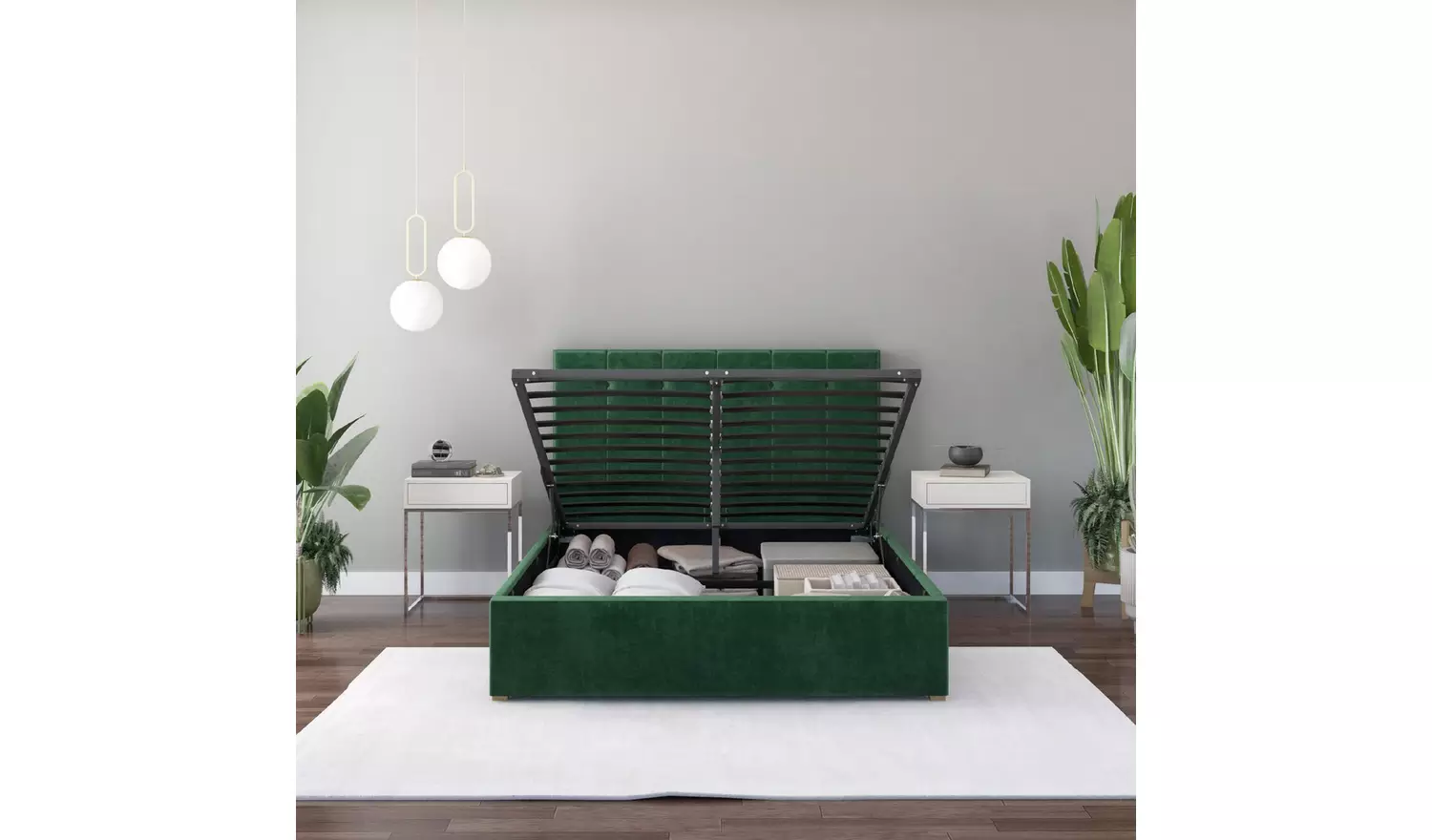 Aspire Hepburn Kingsize Velvet End Lift Ottoman Bed - Green