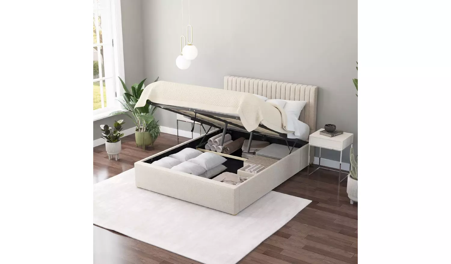 Aspire Grant Kingsize Boucle End Lift Ottoman Bed - White