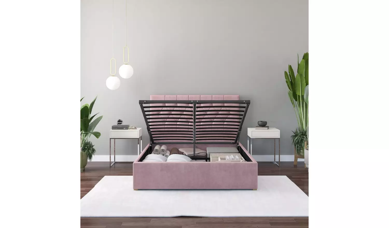 Aspire Olivier Superking Velvet End Lift Ottoman Bed - Blush
