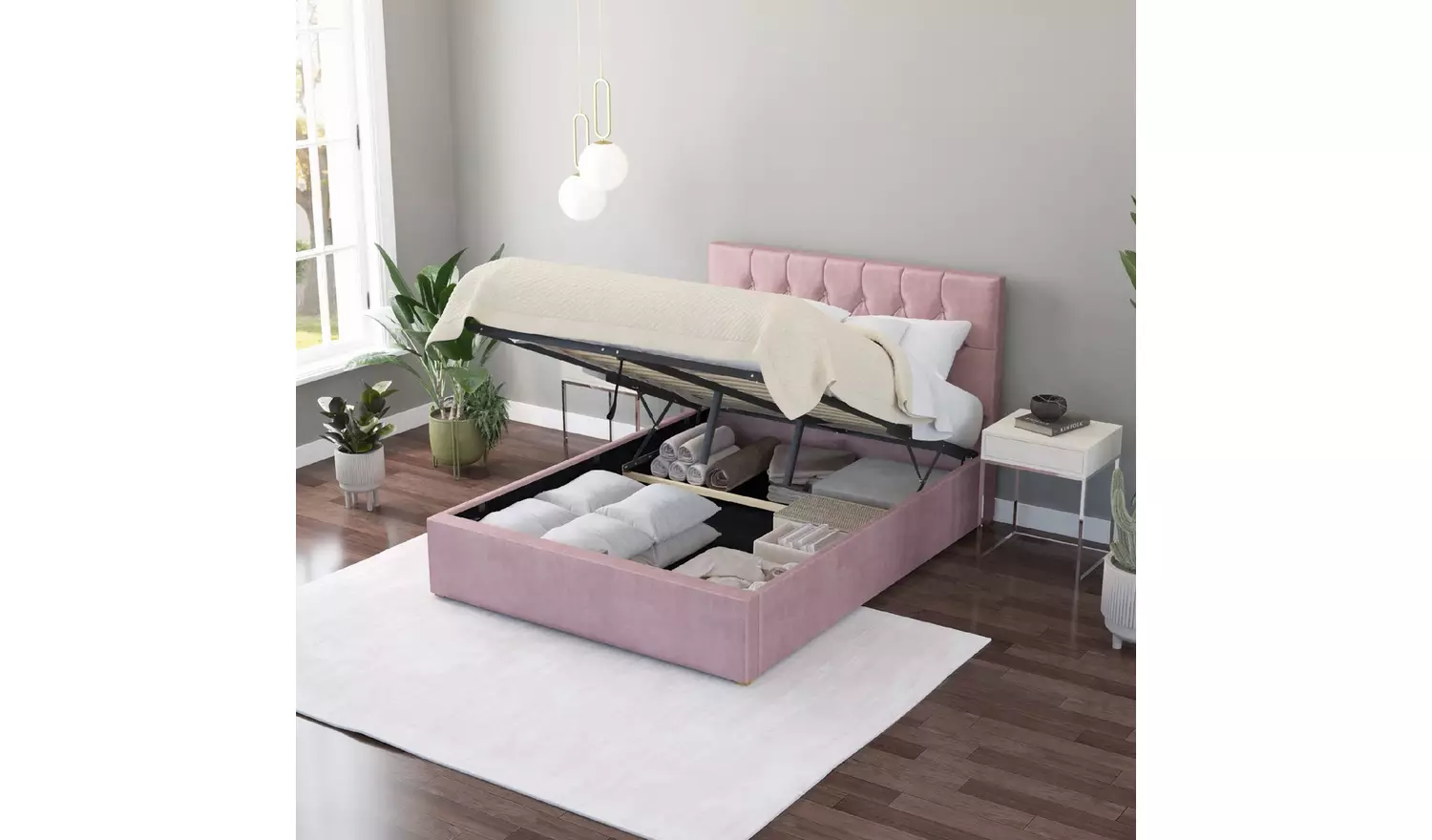 Aspire Olivier Double Velvet End Lift Ottoman Bed - Blush