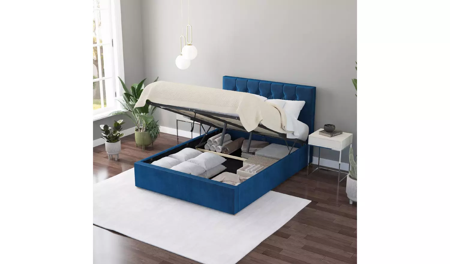 Aspire Olivier Double Velvet End Lift Ottoman Bed - Navy