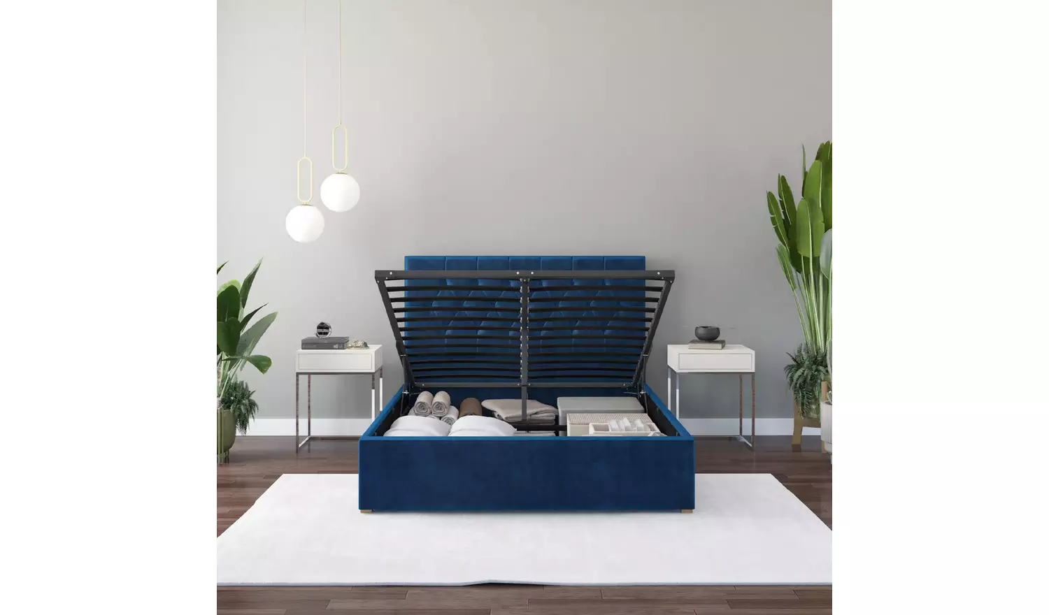 Aspire Olivier Double Velvet End Lift Ottoman Bed - Navy