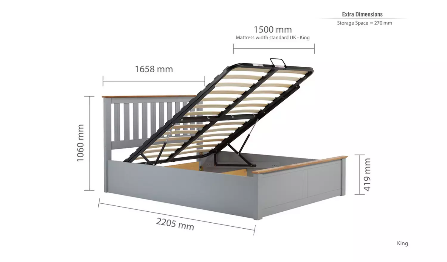 Birlea Phoenix Kingsize End Lift Ottoman Bed - Stone Grey