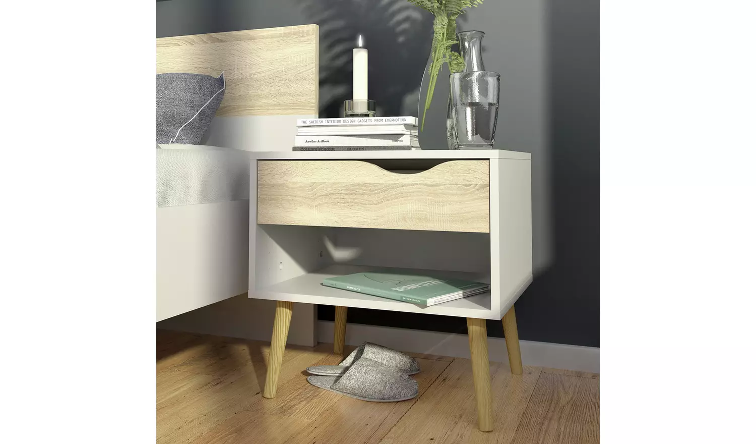 Tvilum 0slo 1 Drawer Bedside Table - White & Oak
