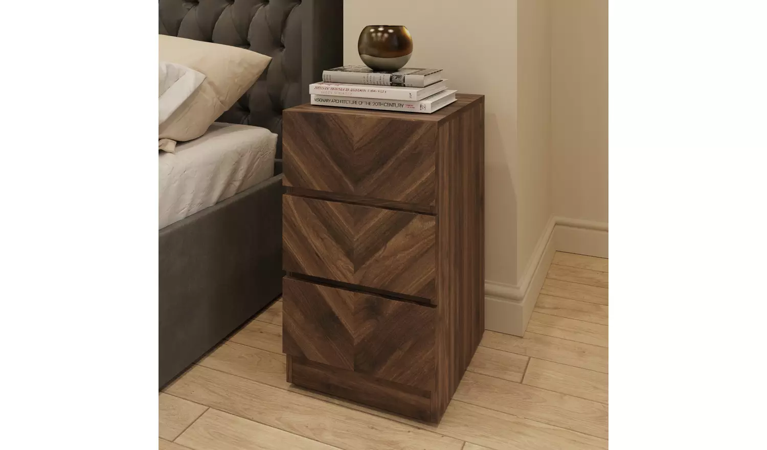 GFW Catania 3 Drawer Bedside Table - Walnut