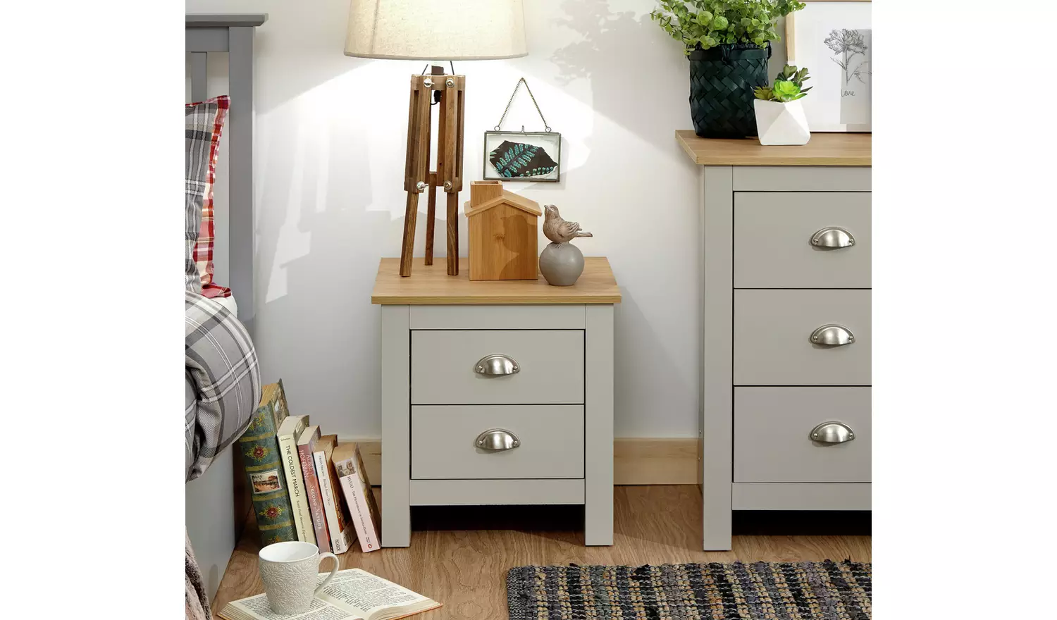 GFW Lancaster 2 Drawer Bedside Table - Grey Oak