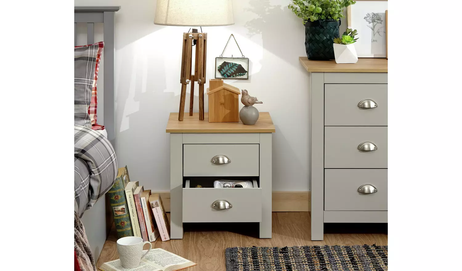 GFW Lancaster 2 Drawer Bedside Table - Grey Oak