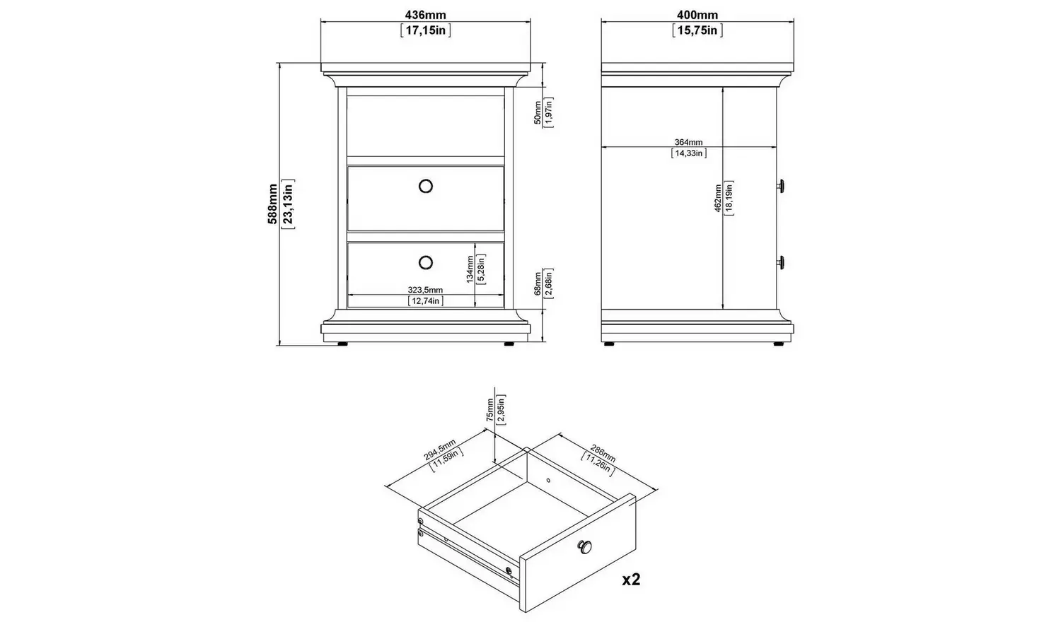 TvilumParis 2 Drawer Bedside Table - White