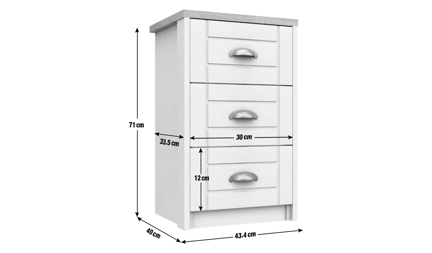 Kielder 3 Drawer Bedside Table - White