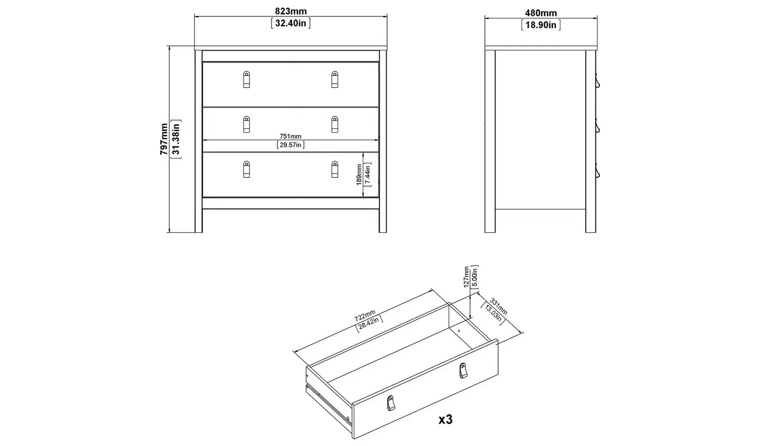 Tvilum Madrid 3 Drawer Chest - Black