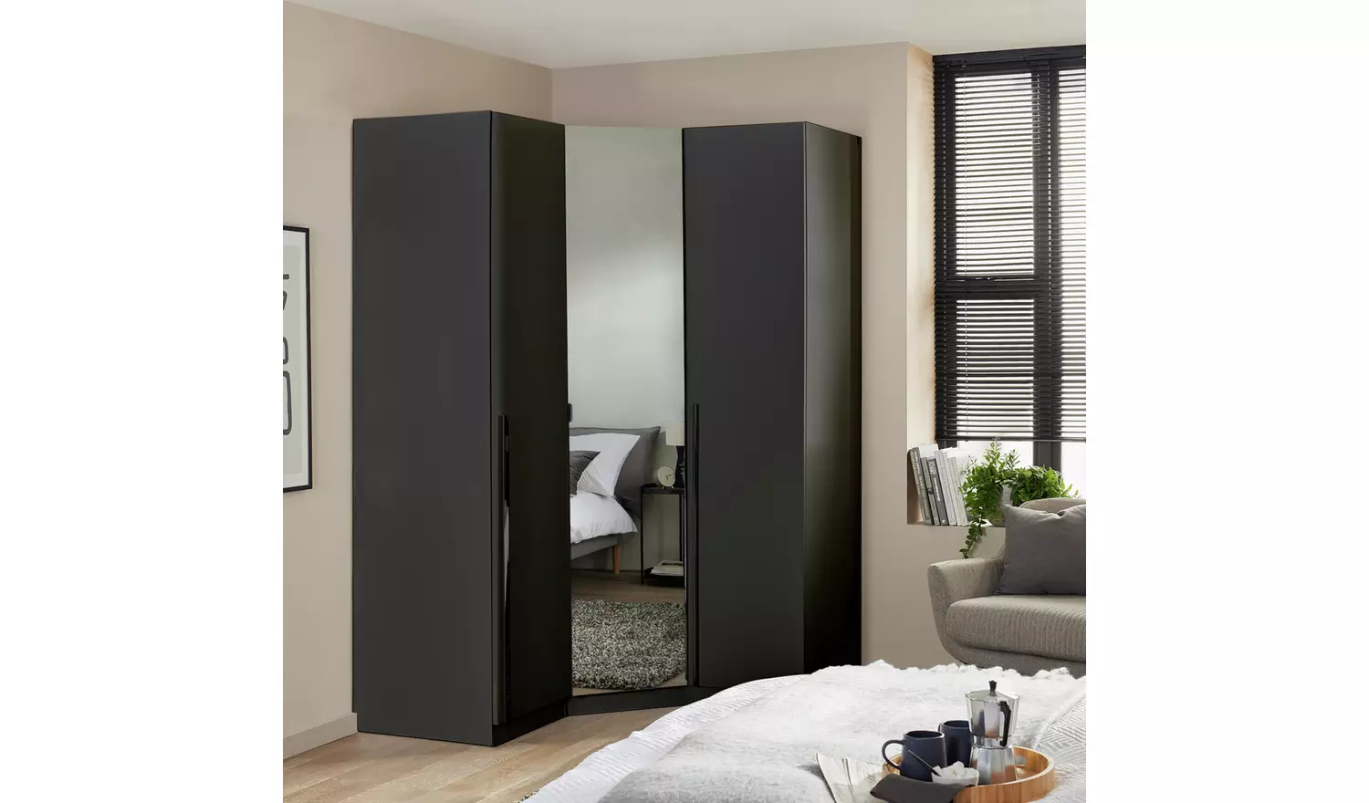 Habitat Munich Corner 3 Door Mirror Wardrobe - Black