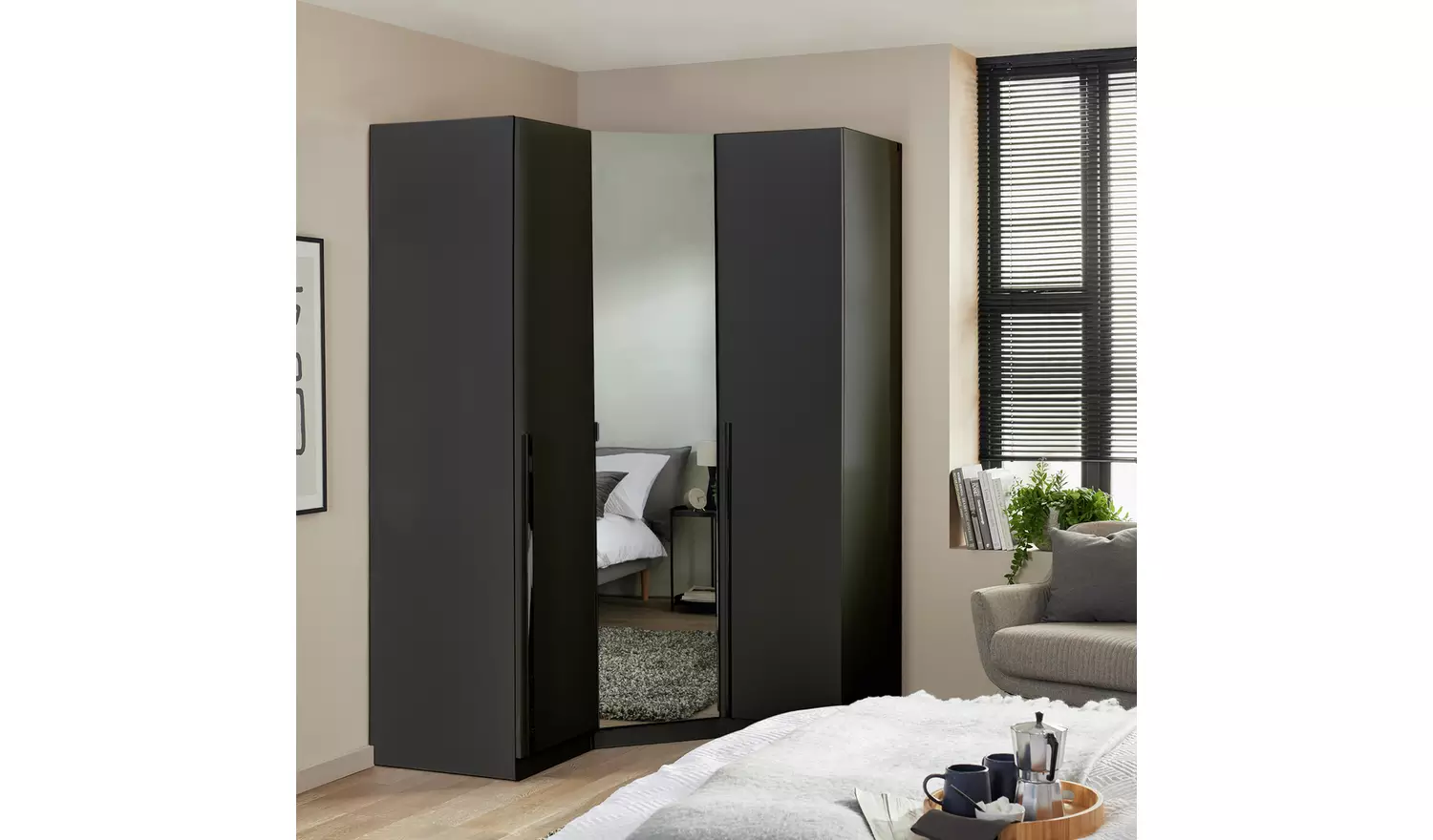Habitat Munich Corner 3 Door Mirror Wardrobe - Black