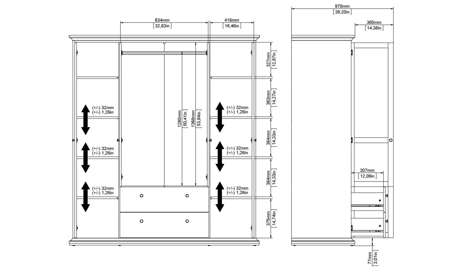 Tvilum Paris 4 Door 2 Drawer Wardrobe - Grey