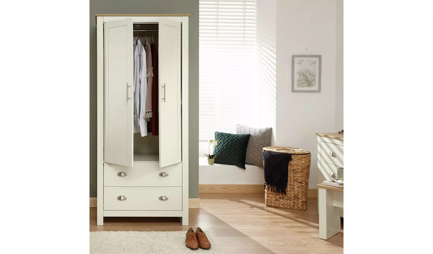 GFW Lancaster 2 Drawer 2 Door Wardrobe - Cream
