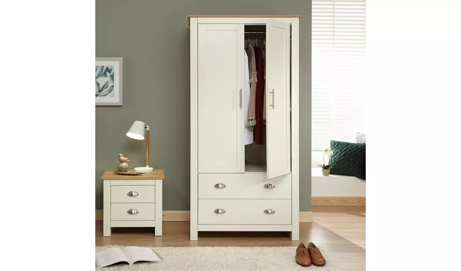 GFW Lancaster 2 Drawer 2 Door Wardrobe - Cream