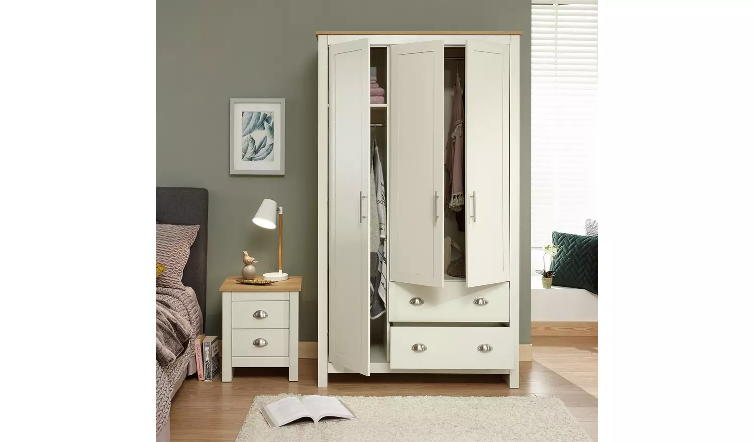 GFW Lancaster 2 Drawer 3 Door Wardrobe - Cream