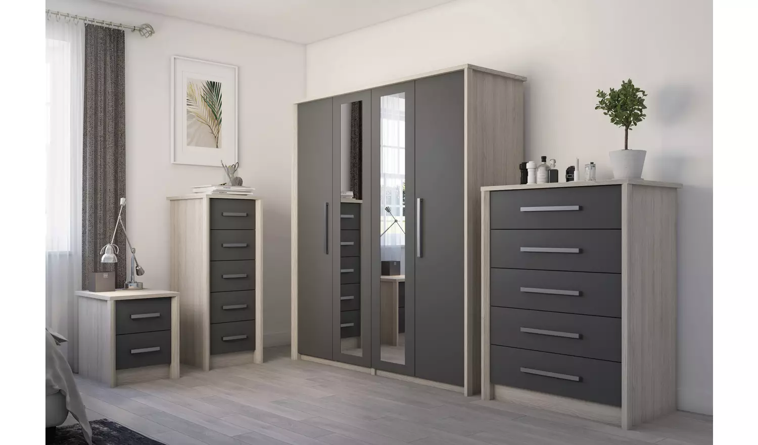 Lancaster 2 Door 2 Drawer Mirror Wardrobe - Dark Grey