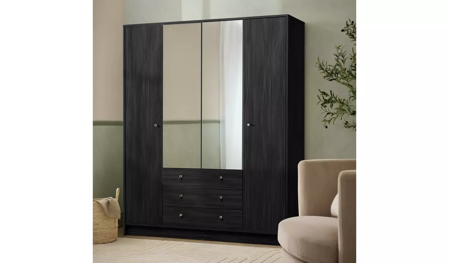 Argos Home Malibu 4Dr 3 Drw Mirror Wardrobe-Black Oak Effect