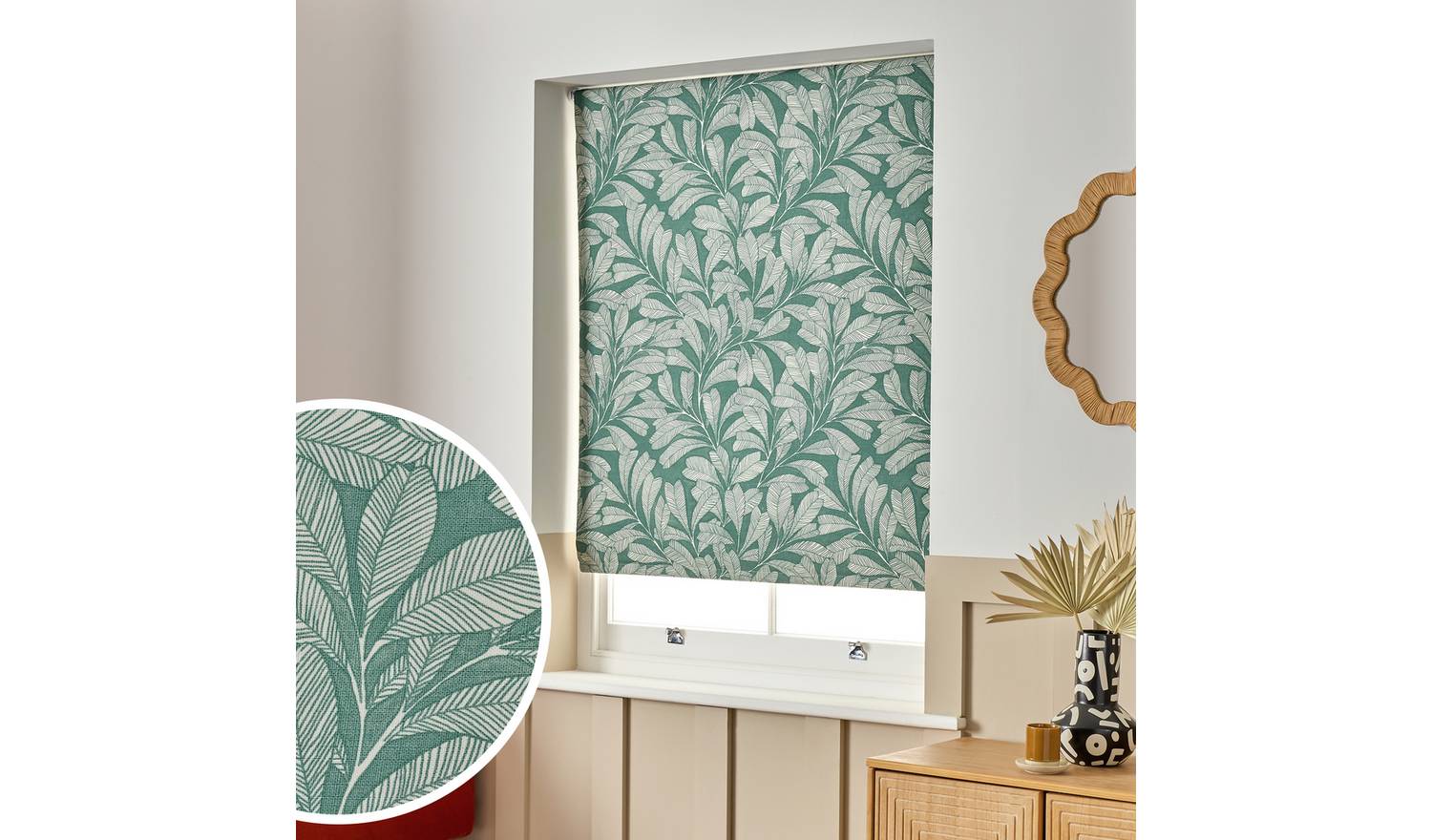 Habitat Linear Leaves Blackout Green Roller Blind - 90cm