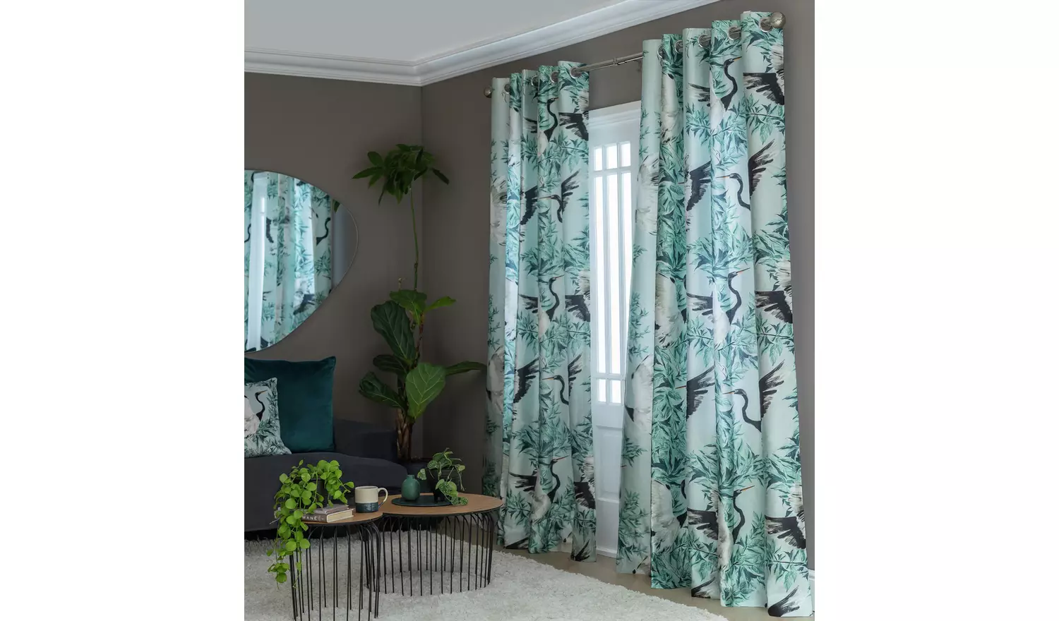 Habitat Crane Print Faux Silk Eyelet Curtains -Multicoloured