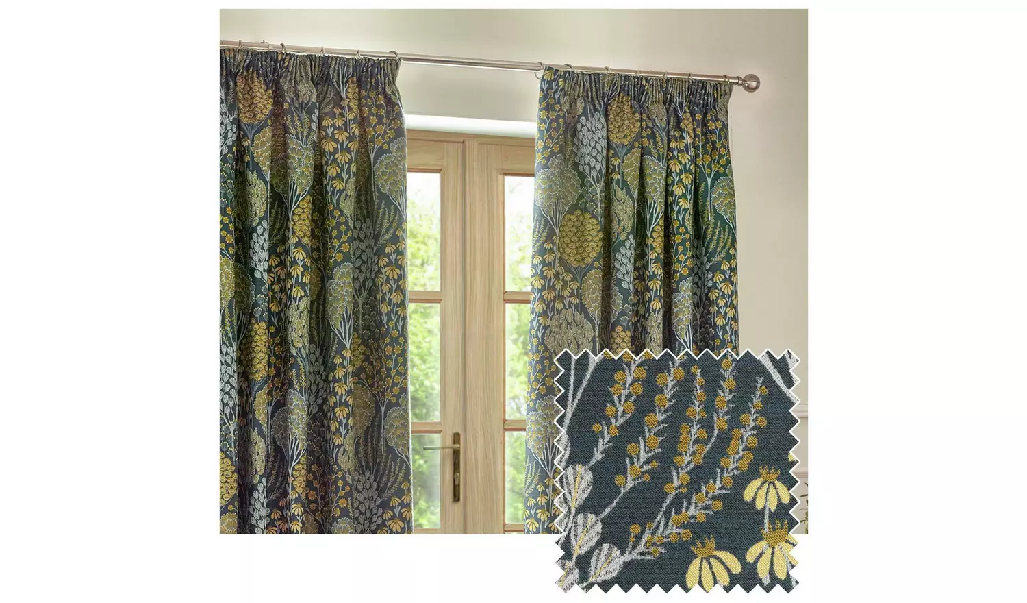 Wylder Ophelia Pencil Pleat Curtains - Blue - 168x137cm