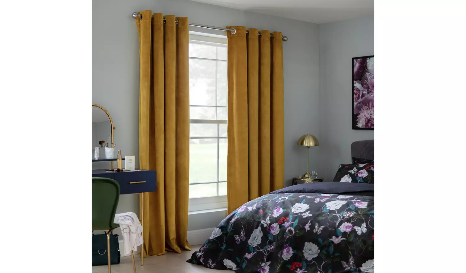 Habitat Plain Matt Velvet Dimout Eyelet Curtains - Mustard