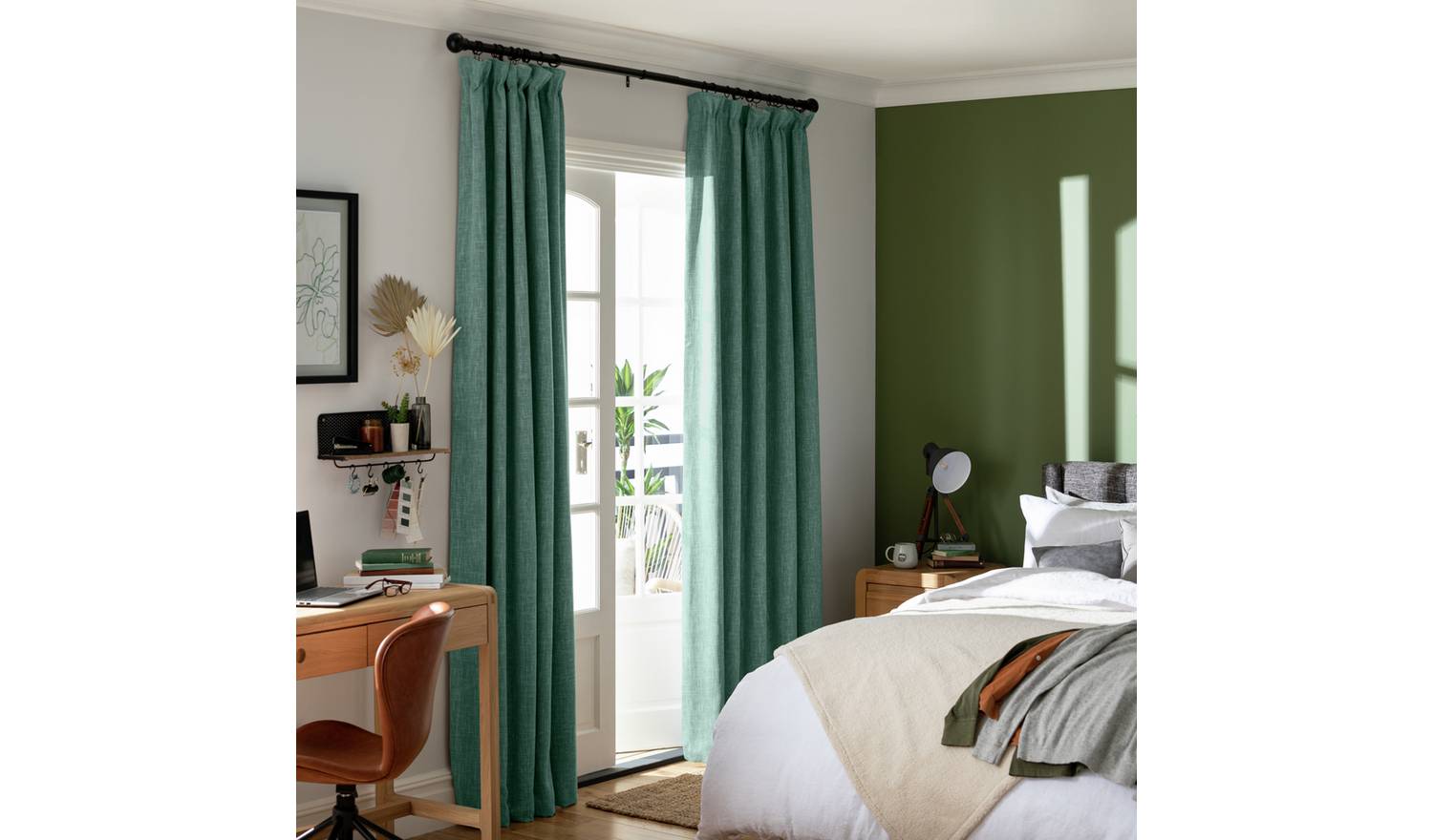 Habitat Linen Look Blackout Pencil Pleat Curtains - Green