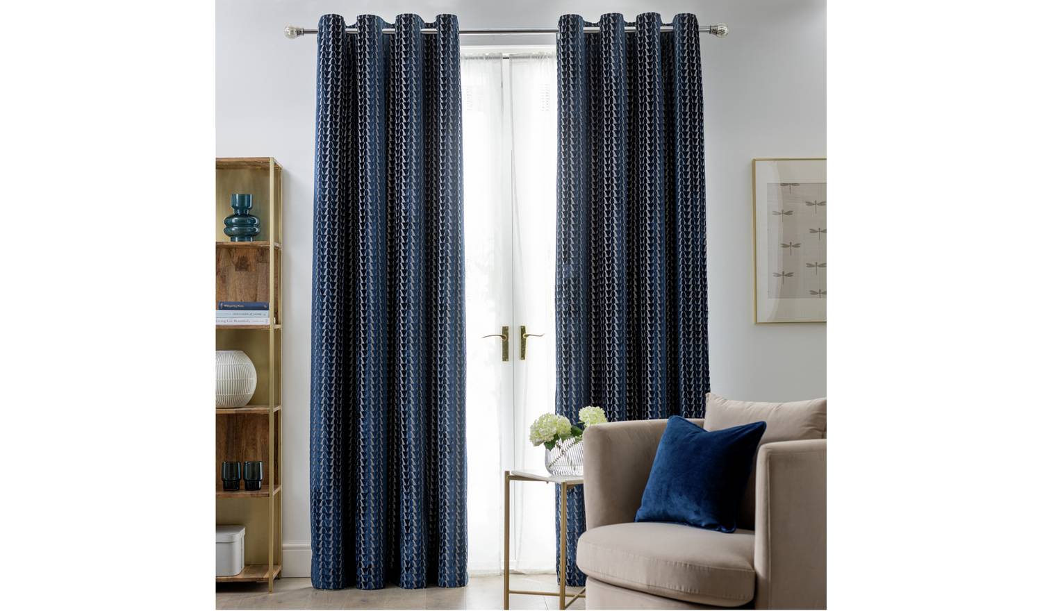 Habitat Velvet Geo Jacquard Lined Eyelet Curtains - Navy