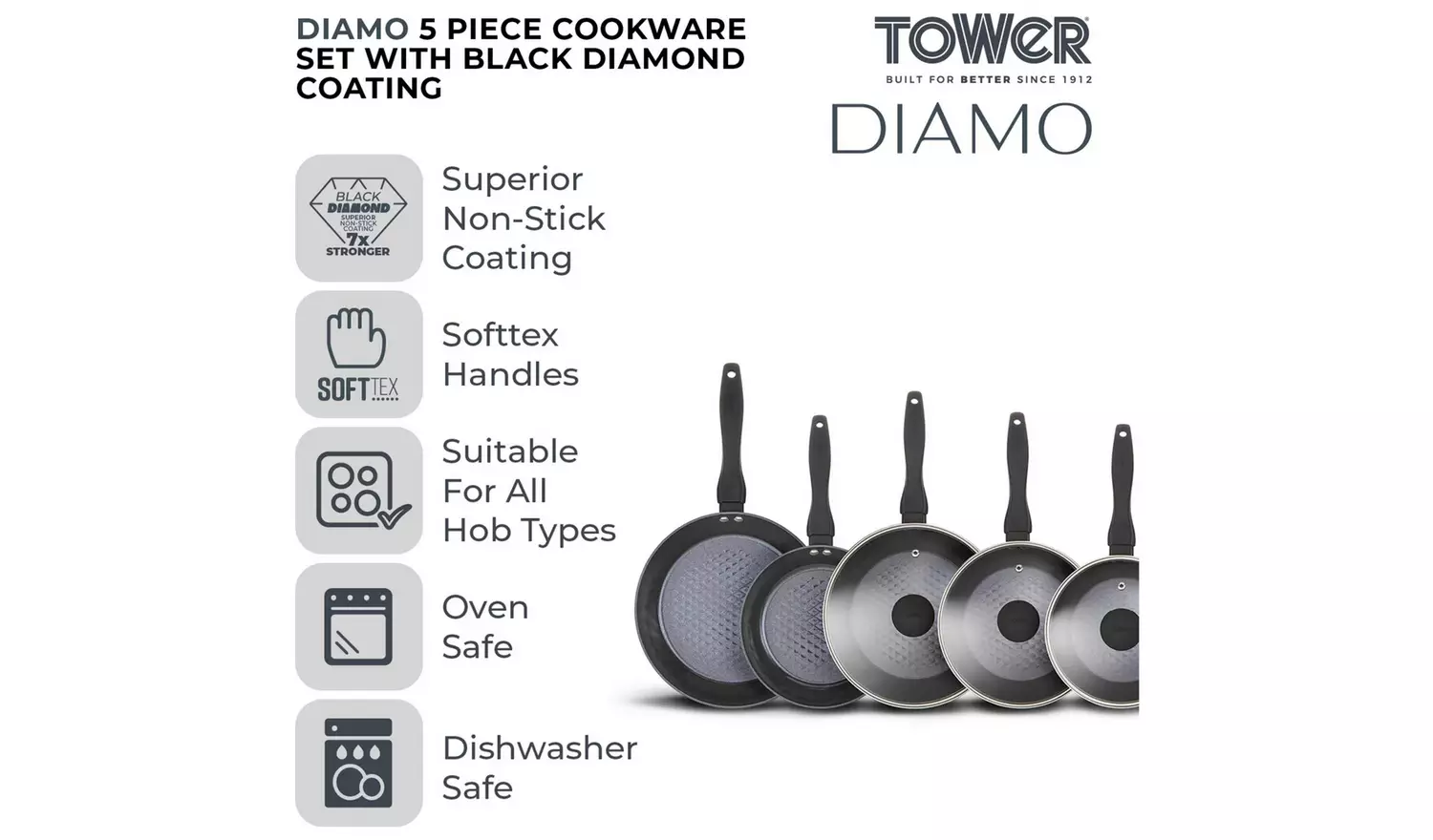 Tower Diamo 5 Piece Aluminium Pan Set - Black