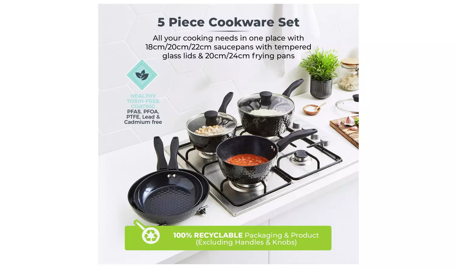 Tower Diamo 5 Piece Aluminium Pan Set - Black