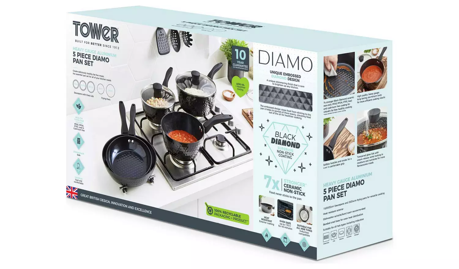 Tower Diamo 5 Piece Aluminium Pan Set - Black