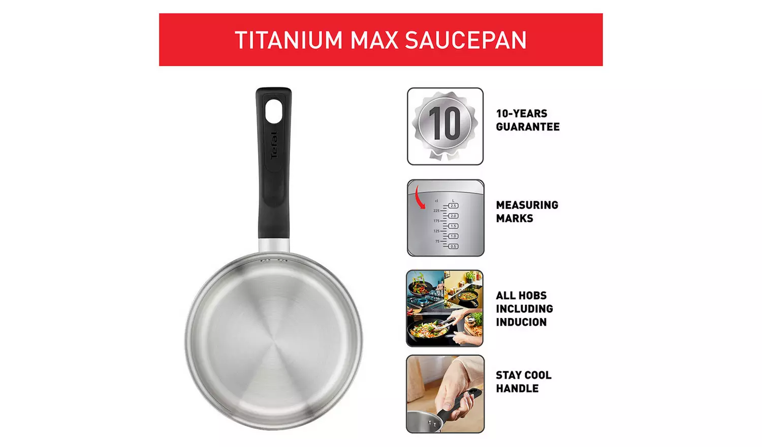 Tefal Titanium Max 18cm Stainless Steel Sauce Pan - Grey