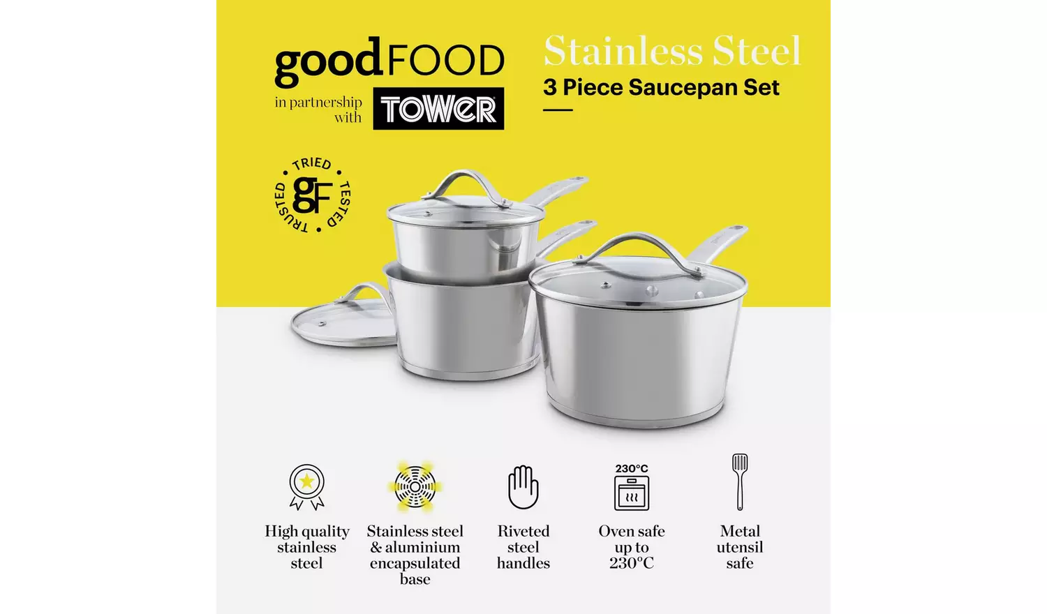 good FOOD Stainless Steel 3pc Saucepan Set - Grey