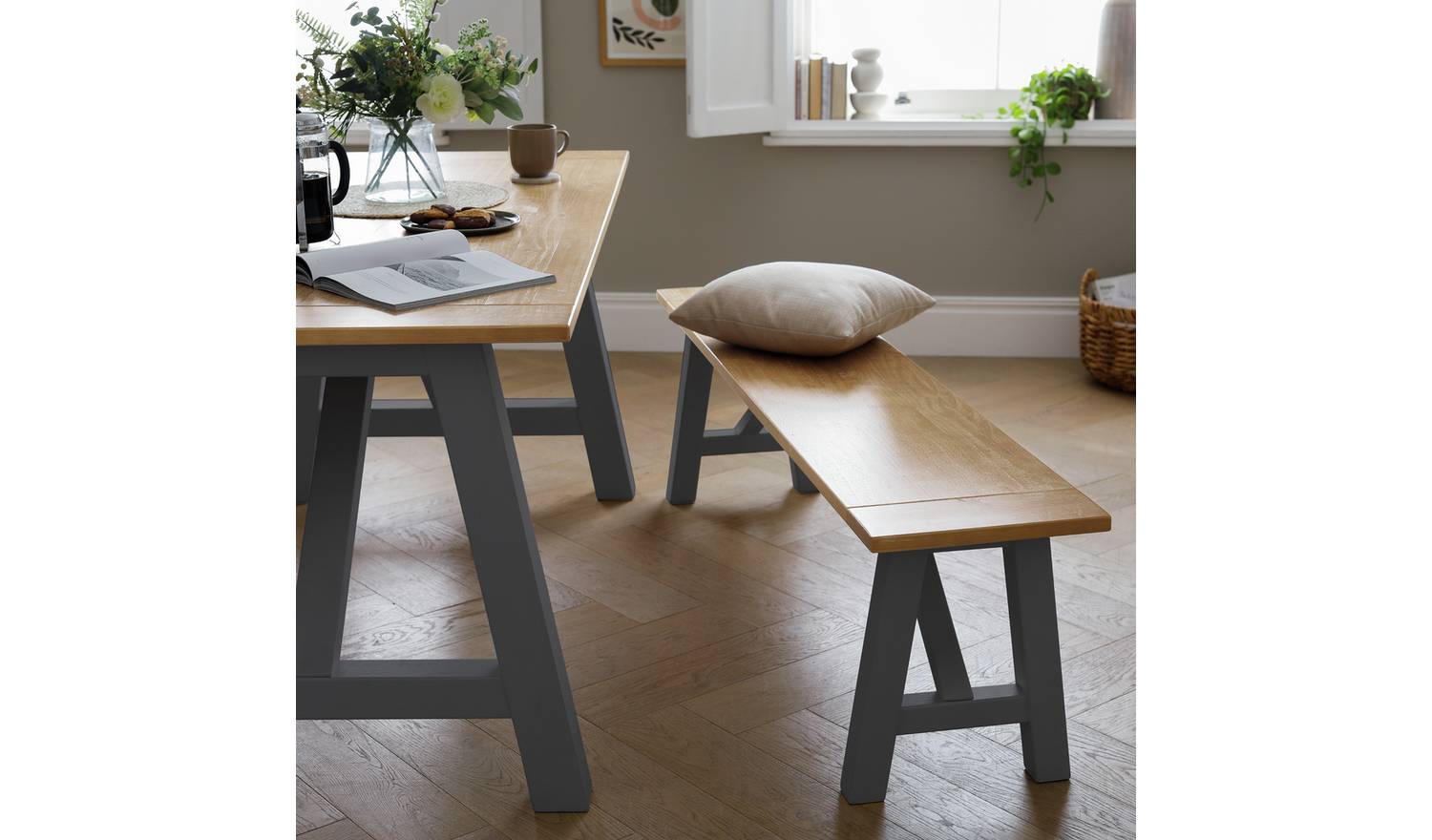 Habitat Burford Pair of Solid Wood Dining Benches -Dark Grey