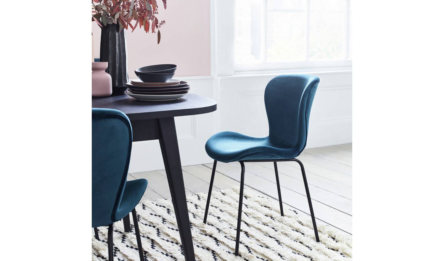 Habitat Etta Pair Velvet Blue Metal Leg Chairs