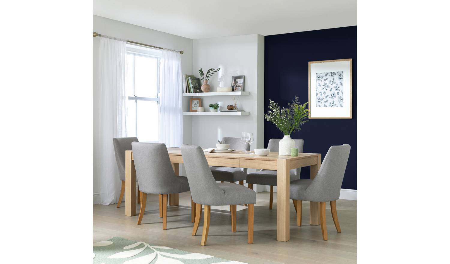Habitat Alston Extend Natural Dining Table & 6 Grey Chairs