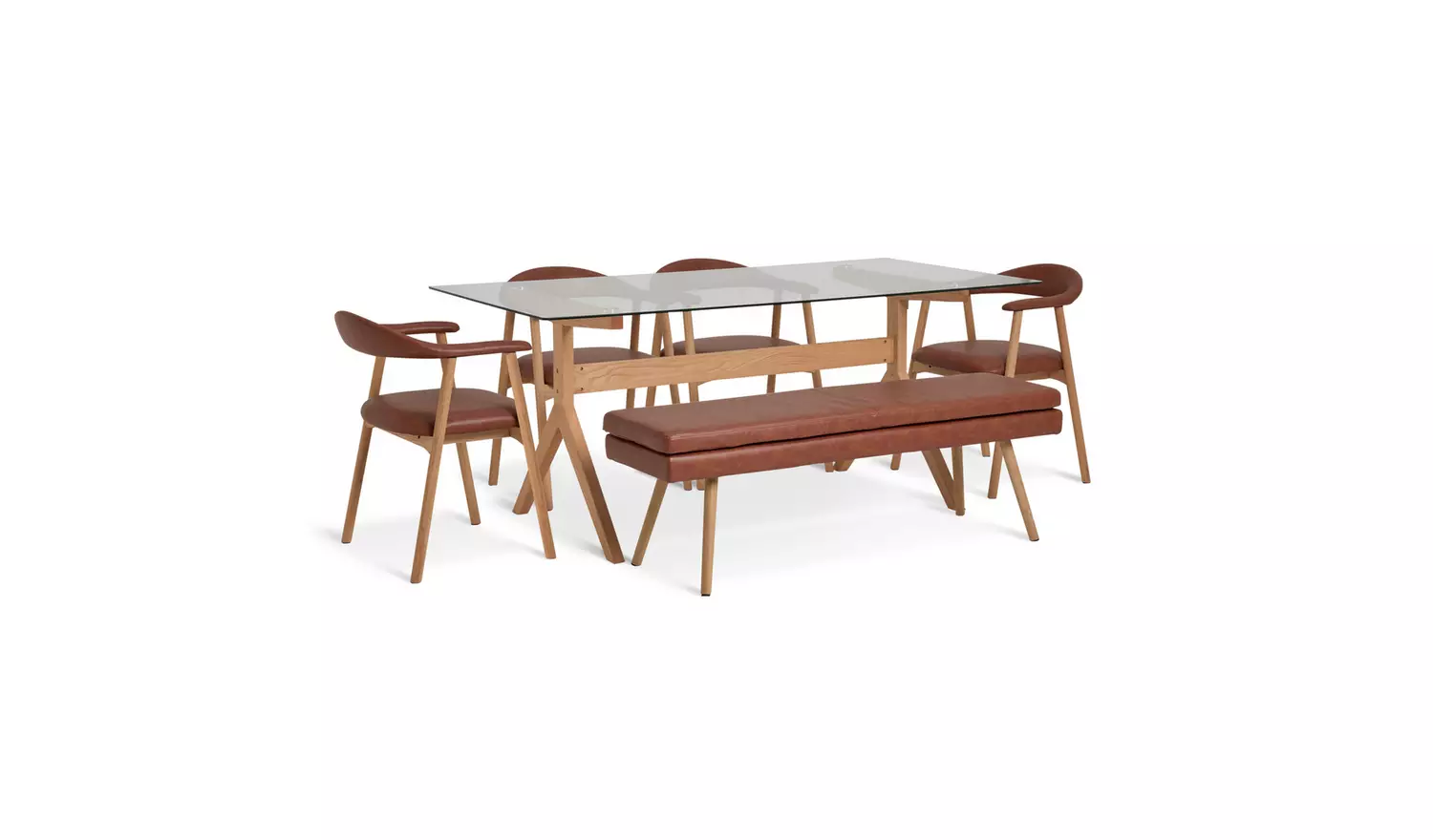 Habitat Zela Glass Natural Dining Table,1 Bench & 4Tan Chair