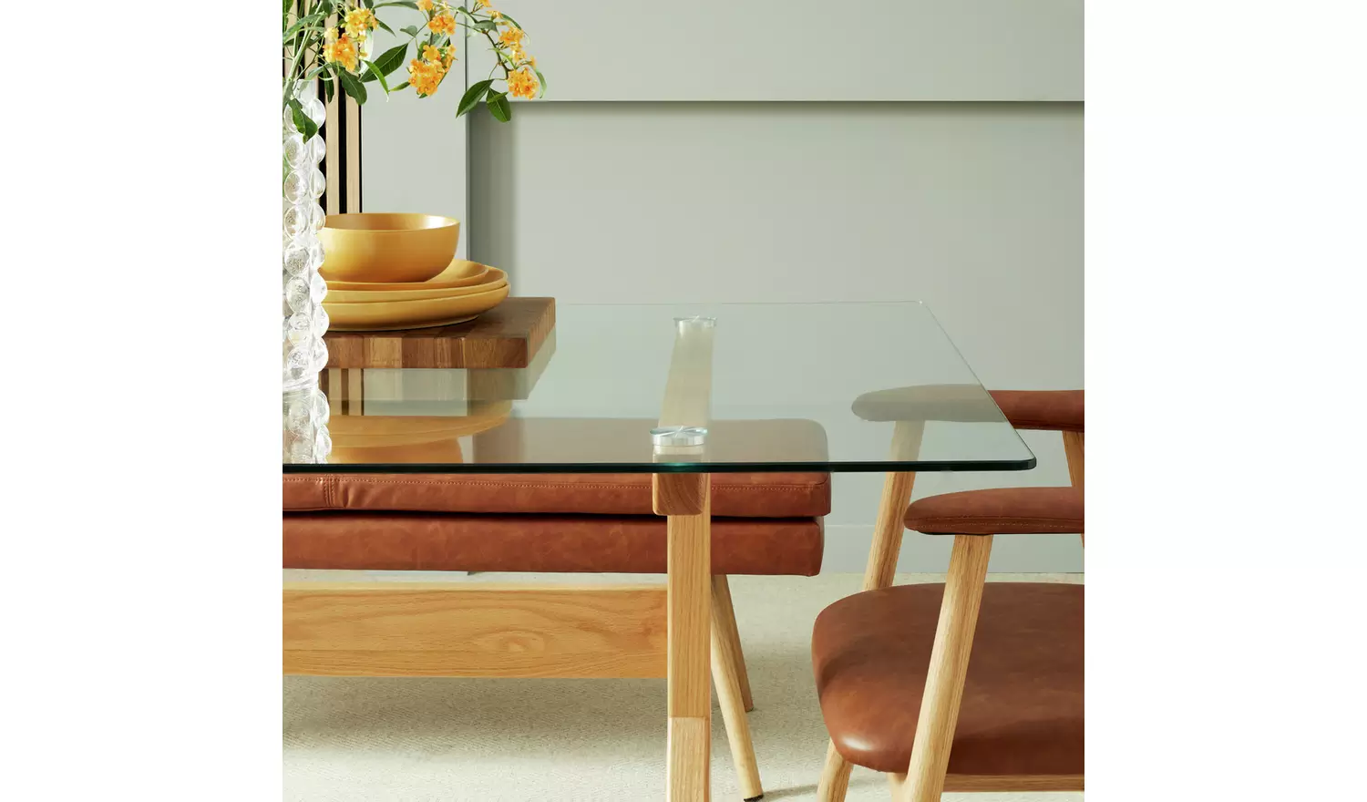 Habitat Zela Glass Natural Dining Table,1 Bench & 4Tan Chair