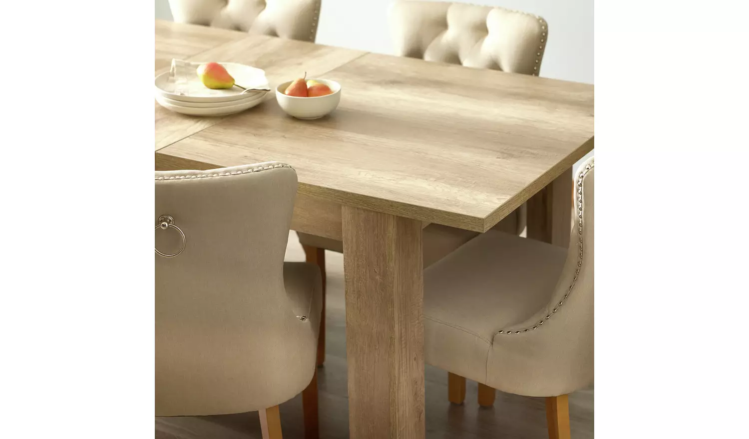 Argos Home Preston Ext Oak Dining Table And 6 Beige Chairs
