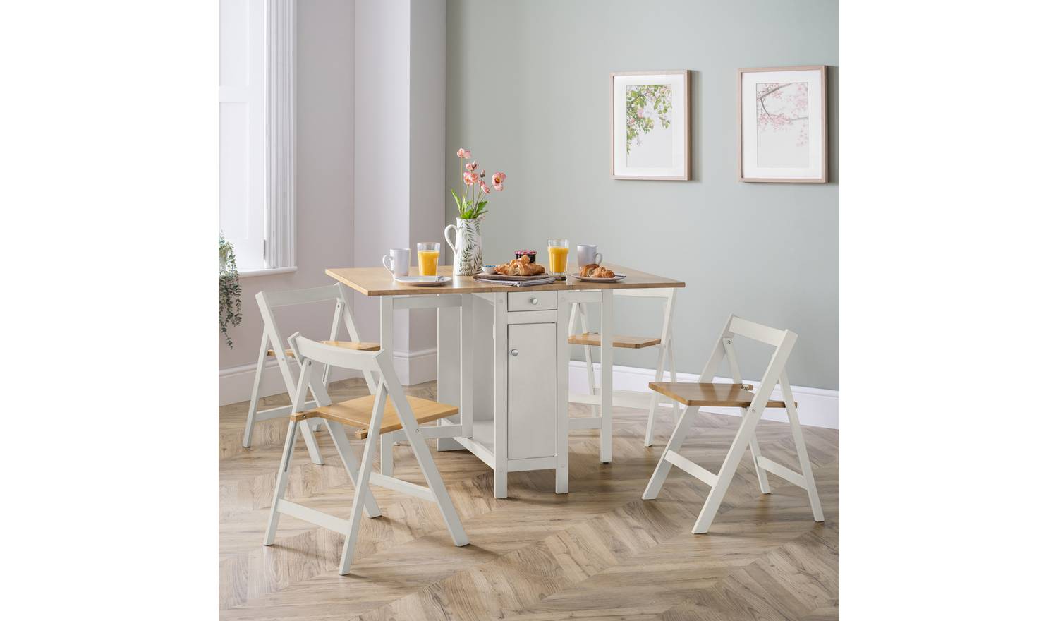 Julian Bowen Savoy Ext Natural Dining Table & 4 White Chairs