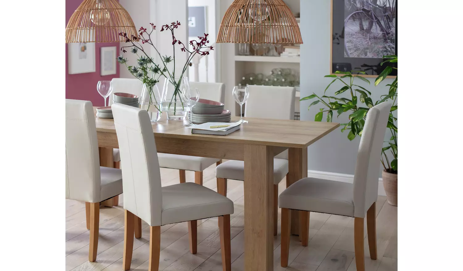 Argos Home Miami Ext Oak Dining Table &6 Grey Chairs