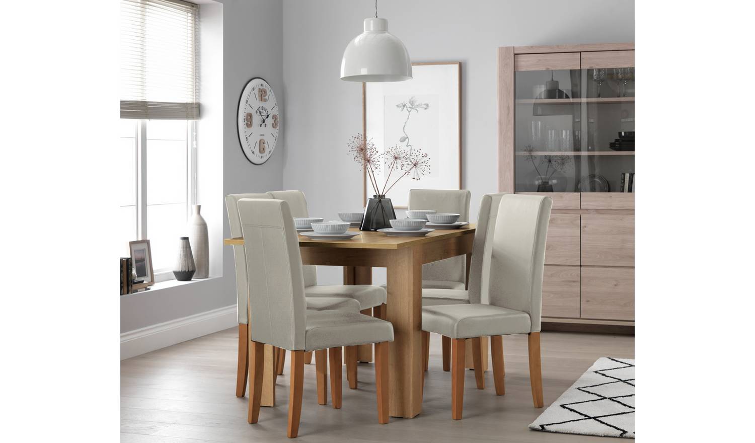 Argos Home Miami Extending Oak Dining Table & 6 Cream Chairs