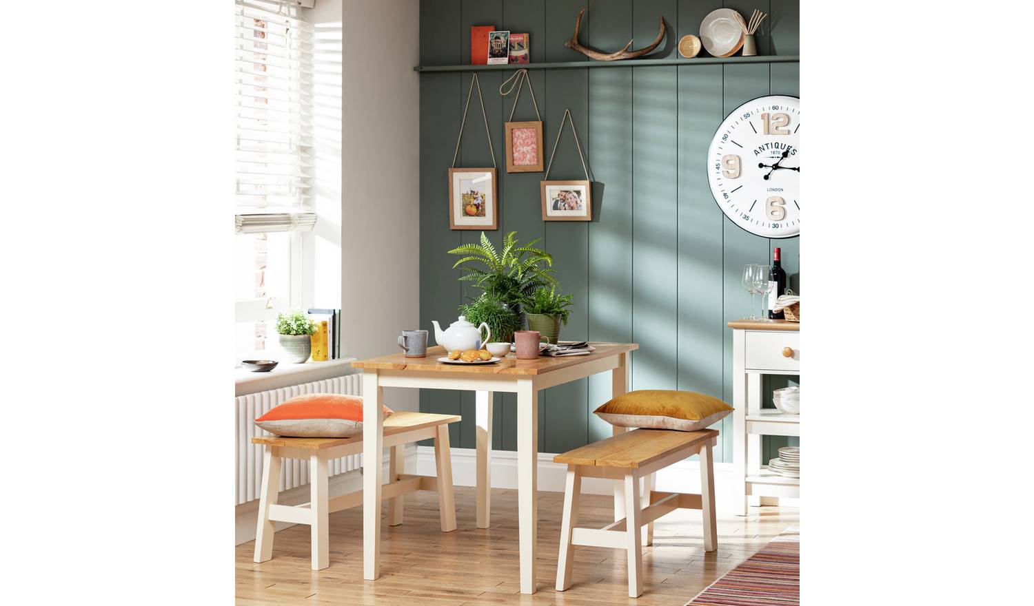 Argos Home Chicago Oak White Dining Table & 2 White Benches