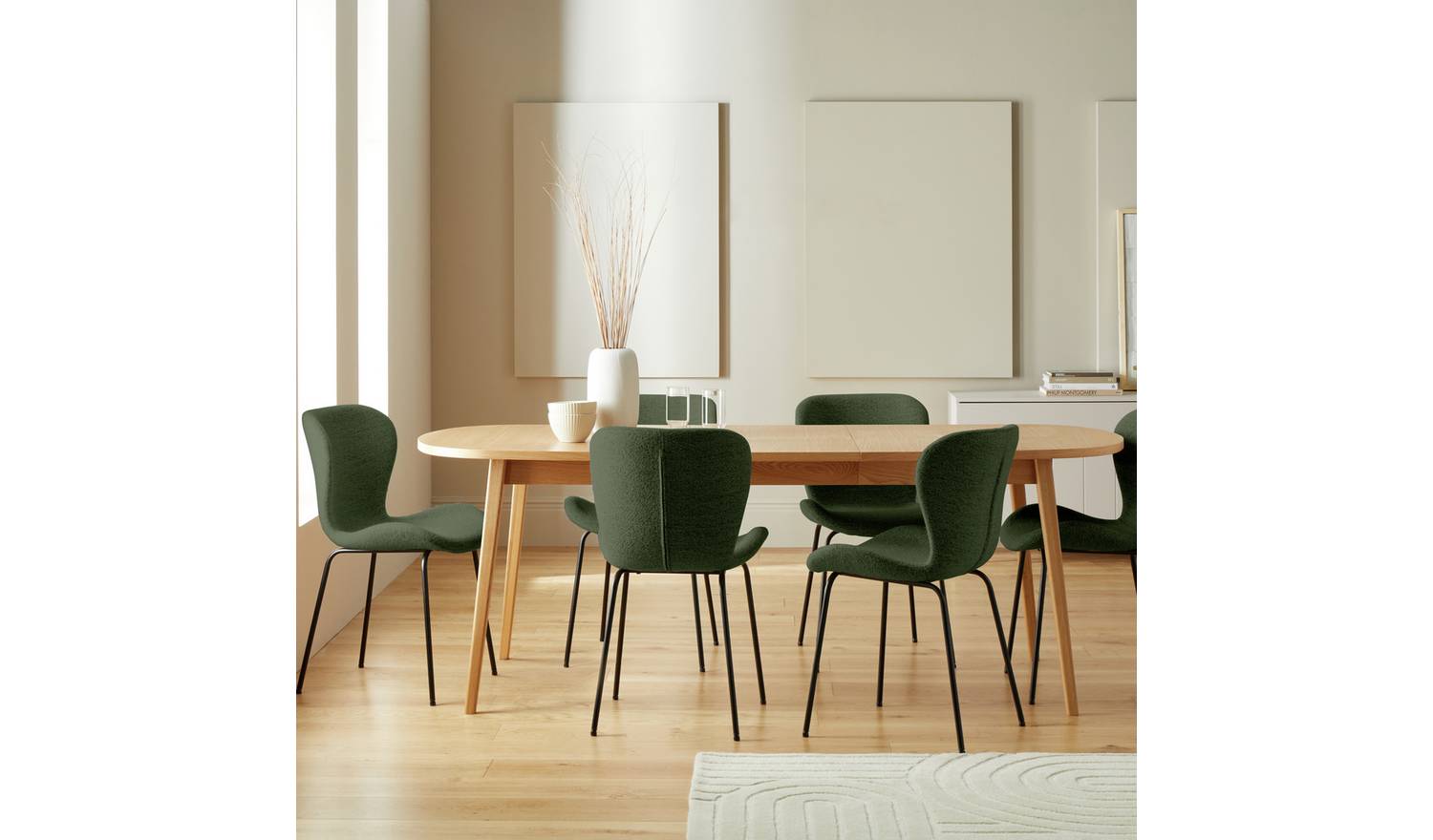 Habitat Etta Extending Oak Dining Table & 6 Green Chairs