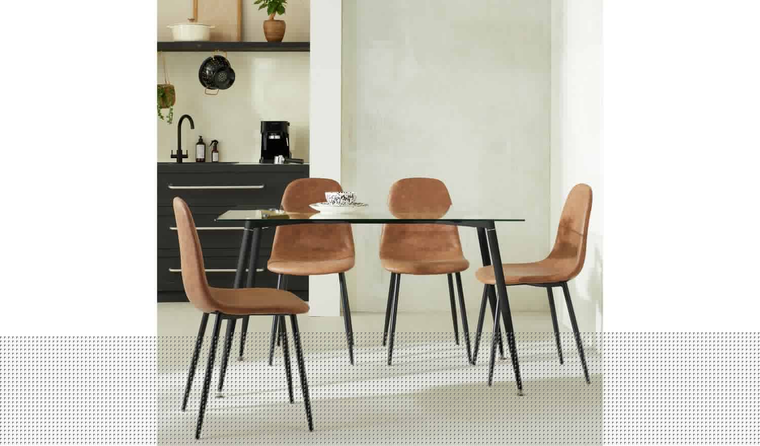 Habitat Beni Glass Oak Dining Table & 4 Tan Chairs