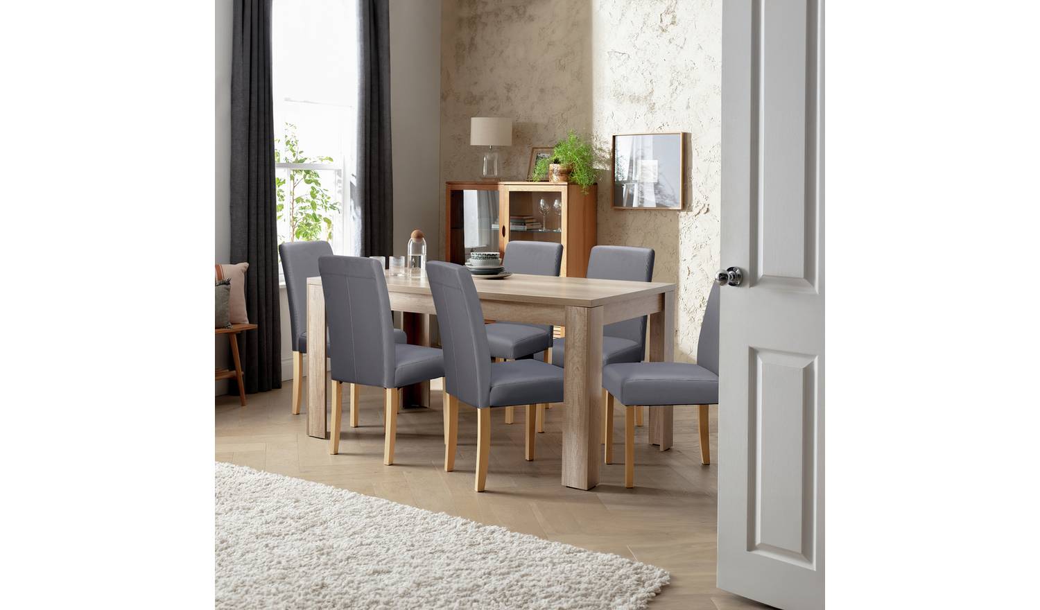 Argos Home Preston Oak Dining Table & 6 Grey Chairs