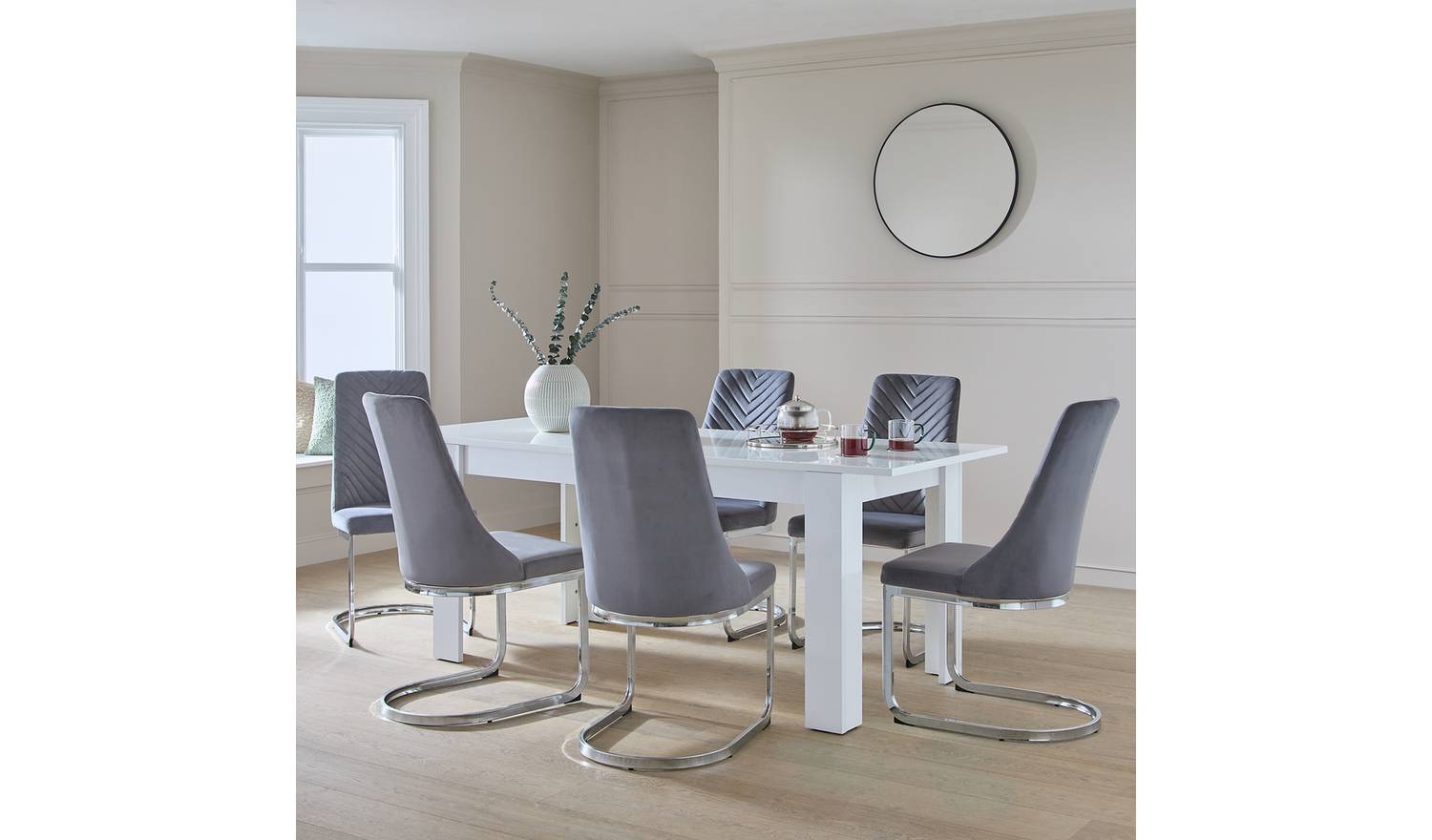 Argos Home Miami Extending White Dining Table &6 Grey Chairs