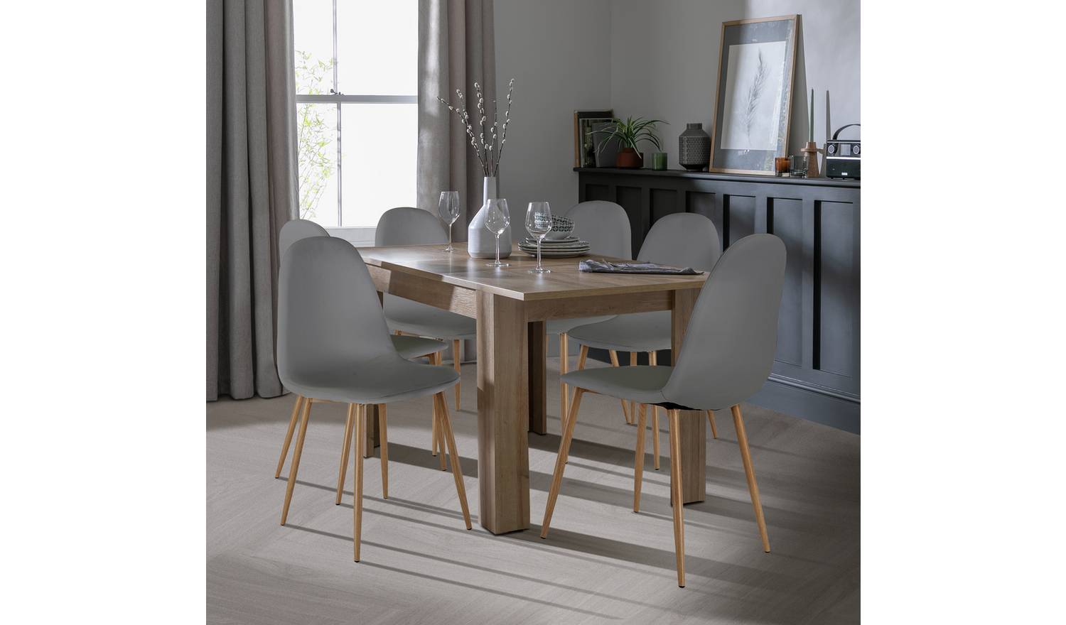 Argos Home Miami Ext Oak Dining Table & 4 Grey Chairs